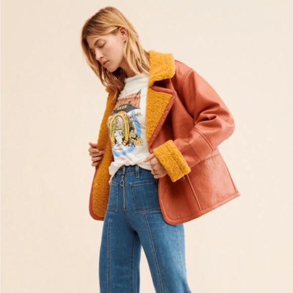 Free People Jackets & Blazers - NEW Free People Kaja Vegan Bonded Leather Shearling Fur Peacoat $148 MSRP Medium